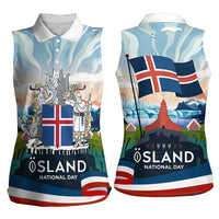 Iceland National Day Women Sleeveless Polo Shirt with Icelandic Flag Crest and Scenic Landscape Design