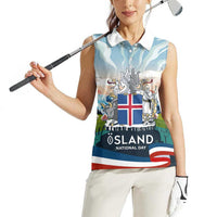 Iceland National Day Women Sleeveless Polo Shirt with Icelandic Flag Crest and Scenic Landscape Design