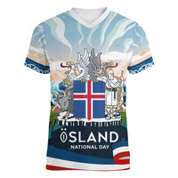 Iceland National Day Women V-Neck T-Shirt with Icelandic Flag Crest and Scenic Landscape Design