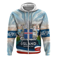 Iceland National Day Zip Hoodie with Icelandic Flag Crest and Scenic Landscape Design