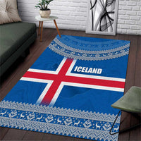 Iceland Flag Area Rug with Icelandic Crest and Traditional Nordic Knit Pattern Design