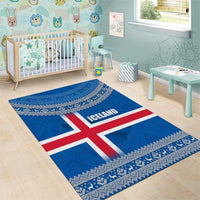 Iceland Flag Area Rug with Icelandic Crest and Traditional Nordic Knit Pattern Design