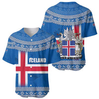 Iceland Flag Baseball Jersey with Icelandic Crest and Traditional Nordic Knit Pattern Design