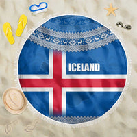 Iceland Flag Beach Blanket with Icelandic Crest and Traditional Nordic Knit Pattern Design