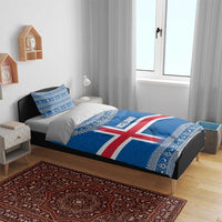Iceland Flag Bedding Set with Icelandic Crest and Traditional Nordic Knit Pattern Design