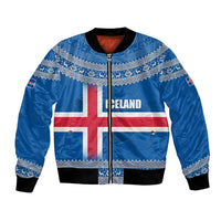 Iceland Flag Bomber Jacket with Icelandic Crest and Traditional Nordic Knit Pattern Design