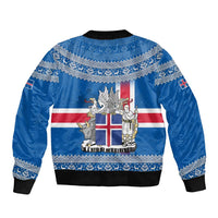 Iceland Flag Bomber Jacket with Icelandic Crest and Traditional Nordic Knit Pattern Design