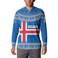 Iceland Flag Button Sweatshirt with Icelandic Crest and Traditional Nordic Knit Pattern Design