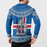 Iceland Flag Button Sweatshirt with Icelandic Crest and Traditional Nordic Knit Pattern Design