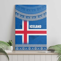 Iceland Flag Canvas Wall Art with Icelandic Crest and Traditional Nordic Knit Pattern Design