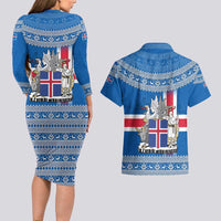 Iceland Flag Couples Matching Long Sleeve Bodycon Dress and Hawaiian Shirt with Icelandic Crest and Traditional Nordic Knit Pattern Design