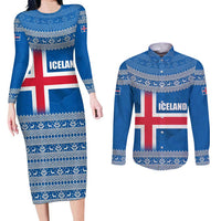 Iceland Flag Couples Matching Long Sleeve Bodycon Dress and Long Sleeve Button Shirt with Icelandic Crest and Traditional Nordic Knit Pattern Design