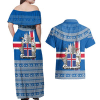 Iceland Flag Couples Matching Off Shoulder Maxi Dress and Hawaiian Shirt with Icelandic Crest and Traditional Nordic Knit Pattern Design