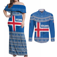 Iceland Flag Couples Matching Off Shoulder Maxi Dress and Long Sleeve Button Shirt with Icelandic Crest and Traditional Nordic Knit Pattern Design