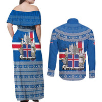 Iceland Flag Couples Matching Off Shoulder Maxi Dress and Long Sleeve Button Shirt with Icelandic Crest and Traditional Nordic Knit Pattern Design