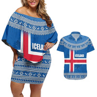 Iceland Flag Couples Matching Off Shoulder Short Dress and Hawaiian Shirt with Icelandic Crest and Traditional Nordic Knit Pattern Design