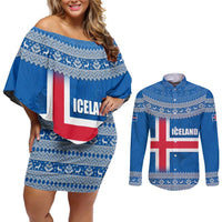 Iceland Flag Couples Matching Off Shoulder Short Dress and Long Sleeve Button Shirt with Icelandic Crest and Traditional Nordic Knit Pattern Design