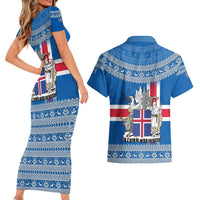 Iceland Flag Couples Matching Short Sleeve Bodycon Dress and Hawaiian Shirt with Icelandic Crest and Traditional Nordic Knit Pattern Design