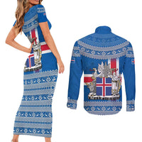 Iceland Flag Couples Matching Short Sleeve Bodycon Dress and Long Sleeve Button Shirt with Icelandic Crest and Traditional Nordic Knit Pattern Design