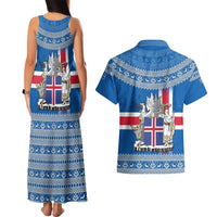 Iceland Flag Couples Matching Tank Maxi Dress and Hawaiian Shirt with Icelandic Crest and Traditional Nordic Knit Pattern Design