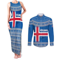 Iceland Flag Couples Matching Tank Maxi Dress and Long Sleeve Button Shirt with Icelandic Crest and Traditional Nordic Knit Pattern Design