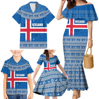 Iceland Flag Family Matching Mermaid Dress and Hawaiian Shirt with Icelandic Crest and Traditional Nordic Knit Pattern Design