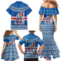 Iceland Flag Family Matching Mermaid Dress and Hawaiian Shirt with Icelandic Crest and Traditional Nordic Knit Pattern Design