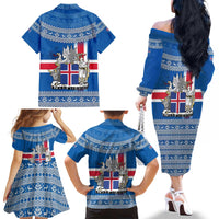 Iceland Flag Family Matching Off The Shoulder Long Sleeve Dress and Hawaiian Shirt with Icelandic Crest and Traditional Nordic Knit Pattern Design