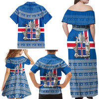 Iceland Flag Family Matching Off Shoulder Maxi Dress and Hawaiian Shirt with Icelandic Crest and Traditional Nordic Knit Pattern Design