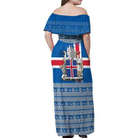 Iceland Flag Family Matching Off Shoulder Maxi Dress and Hawaiian Shirt with Icelandic Crest and Traditional Nordic Knit Pattern Design