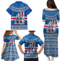Iceland Flag Family Matching Puletasi and Hawaiian Shirt with Icelandic Crest and Traditional Nordic Knit Pattern Design