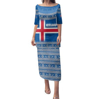 Iceland Flag Family Matching Puletasi and Hawaiian Shirt with Icelandic Crest and Traditional Nordic Knit Pattern Design