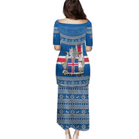 Iceland Flag Family Matching Puletasi and Hawaiian Shirt with Icelandic Crest and Traditional Nordic Knit Pattern Design