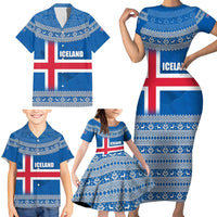 Iceland Flag Family Matching Short Sleeve Bodycon Dress and Hawaiian Shirt with Icelandic Crest and Traditional Nordic Knit Pattern Design