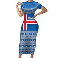 Iceland Flag Family Matching Short Sleeve Bodycon Dress and Hawaiian Shirt with Icelandic Crest and Traditional Nordic Knit Pattern Design