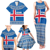 Iceland Flag Family Matching Tank Maxi Dress and Hawaiian Shirt with Icelandic Crest and Traditional Nordic Knit Pattern Design