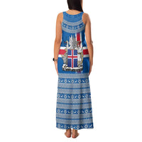 Iceland Flag Family Matching Tank Maxi Dress and Hawaiian Shirt with Icelandic Crest and Traditional Nordic Knit Pattern Design