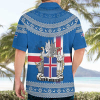 Iceland Flag Hawaiian Shirt with Icelandic Crest and Traditional Nordic Knit Pattern Design