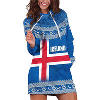Iceland Flag Hoodie Dress with Icelandic Crest and Traditional Nordic Knit Pattern Design
