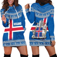 Iceland Flag Hoodie Dress with Icelandic Crest and Traditional Nordic Knit Pattern Design