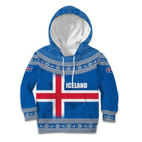 Iceland Flag Kid Hoodie with Icelandic Crest and Traditional Nordic Knit Pattern Design