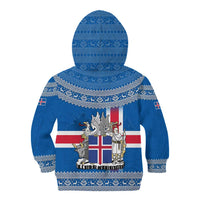 Iceland Flag Kid Hoodie with Icelandic Crest and Traditional Nordic Knit Pattern Design