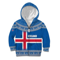 Iceland Flag Kid Hoodie with Icelandic Crest and Traditional Nordic Knit Pattern Design
