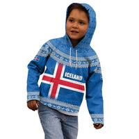 Iceland Flag Kid Hoodie with Icelandic Crest and Traditional Nordic Knit Pattern Design