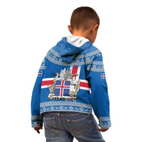 Iceland Flag Kid Hoodie with Icelandic Crest and Traditional Nordic Knit Pattern Design