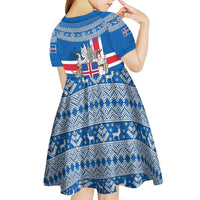 Iceland Flag Kid Short Sleeve Dress with Icelandic Crest and Traditional Nordic Knit Pattern Design