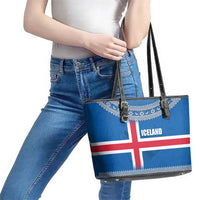 Iceland Flag Leather Tote Bag with Icelandic Crest and Traditional Nordic Knit Pattern Design