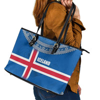 Iceland Flag Leather Tote Bag with Icelandic Crest and Traditional Nordic Knit Pattern Design