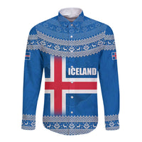 Iceland Flag Long Sleeve Button Shirt with Icelandic Crest and Traditional Nordic Knit Pattern Design