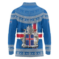 Iceland Flag Long Sleeve Polo Shirt with Icelandic Crest and Traditional Nordic Knit Pattern Design